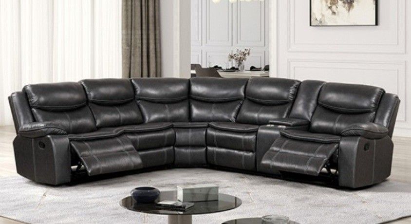 Brand New Dark Grey Super Plush Leather Reclining Sectional Sofa