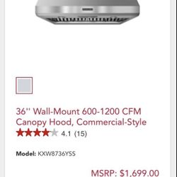 KitchenAid 36 Wall Mount Hood