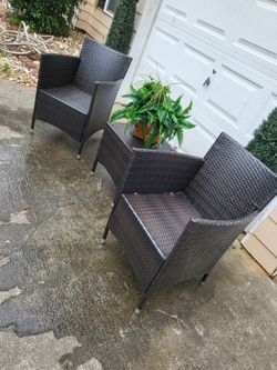 Outdoor wicker patio set, 2 chairs and 1 table