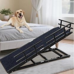 New Dog Ramp for Bed - 65" Length, Supports up to 32" Height,Includes Non-Slip Replaceable Carpet, Safety Rails & Landing Platform, Adjustable & Folda