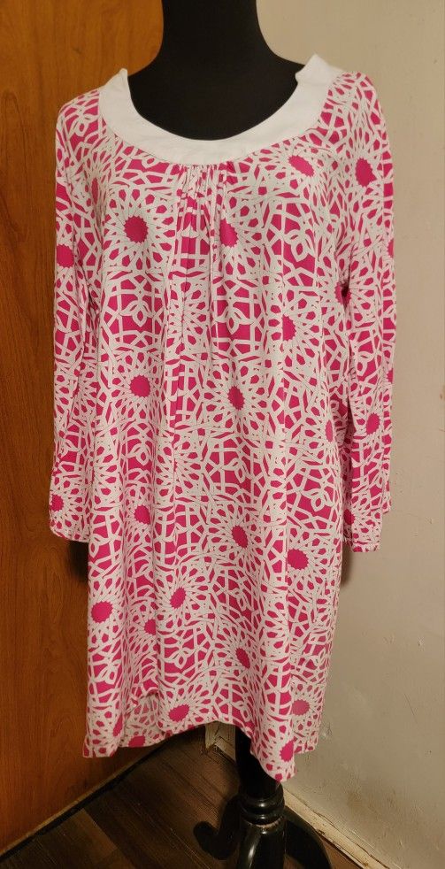 Escapada Womens Dress Sz XL Pink White Print 3/4 Sleeves