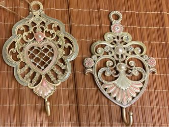 Set of 2 Ornate Enamel Jeweled Wall Hooks Rhinestone Pearl Gold Tone