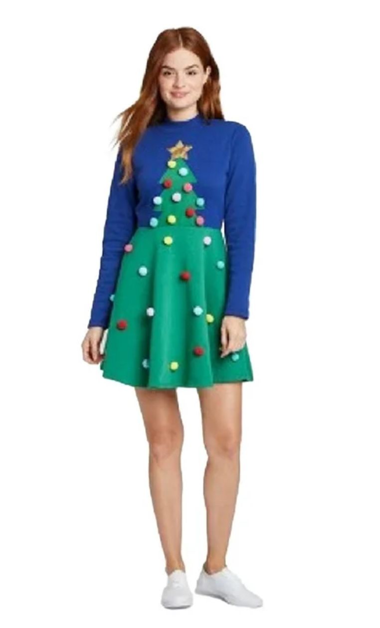 Green and blue Christmas tree dress with pom-poms, long sleeve and A-line style size L