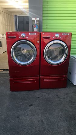LG RED EXTRA LARGE FRONT LOAD WASHER AND GAS DRYER SET WITH PEDESTAL 