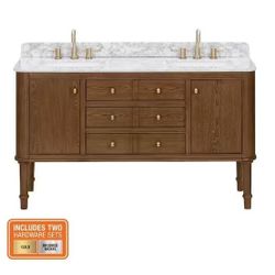 HDC - Collette 60 in. Double Sink Cinnamon Oak Bath Vanity with White Carrara Marble Top - T