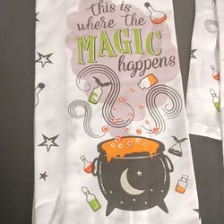 Set Of 2 New "Where the Magic Happens" Halloween Witch Kitchen Dish Towel Decor
