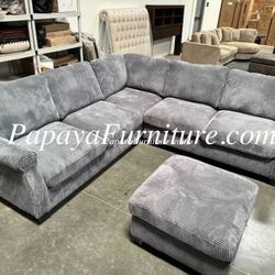 New Modern Dark Grey Fabric Sectional Sofa and Ottoman Set Ashley Style BIG Couch SALE Small Living Room Space Saving Size Apartment Gray IKEA Colors