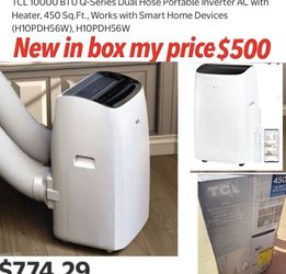 2&1 A/C heater New in box TCL 10000 BTU Q-Series Dual Hose Portable Inverter AC with Heater, 450 Sq.Ft., Works with Smart Home Devices (H10PDH56W), H1