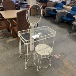 White Glass Metal Vanity And Chair (in Store)