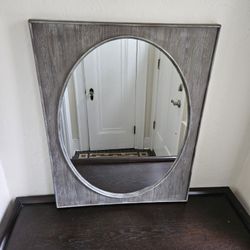 Gray Distressed Weathered Faux Wood Rectangle Frame With Oval Accent Mirror