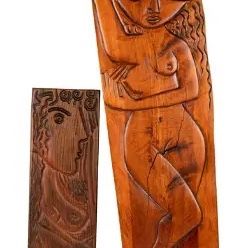 Two Figural Carved Wood Panels Artist Signed 