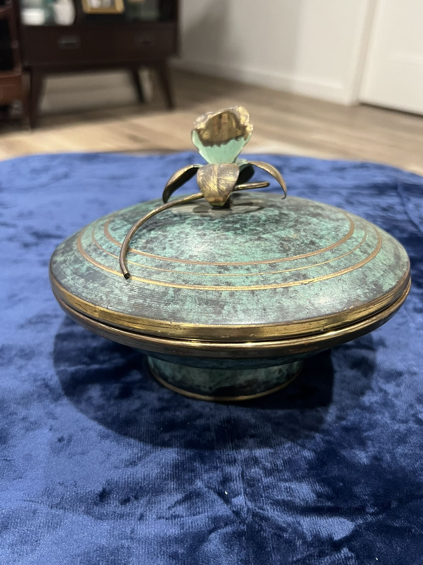Vintage Antique Royal Turquoise European Imports Brass Metal Bowl w/Lid: Italy