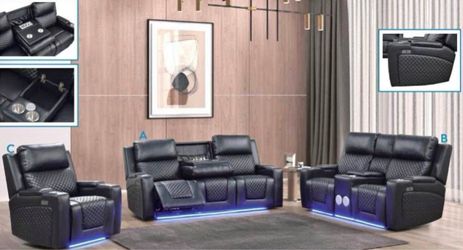 Black Leather Recliner Sofa Set with LED Lights