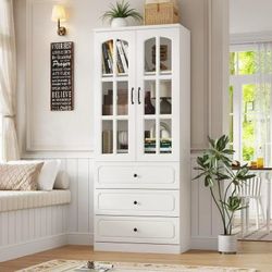 ❤️‍🔥 79" High Glass Door Bookcase: 3-Tier Design, 3 Drawers $100