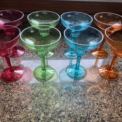 8 Plastic Margarita Drink Glasses 6 ½” high and 5” wide. Pink, Blue, Green and Orange
