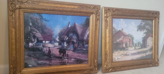 Set of 2 Large Ornate Gold Framed Countryside Art Prints
