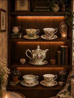 Beautiful Display Quality Vintage Porcelain Floral Teacup Set With Matching Porcelain Teapot.