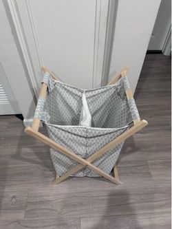 Foldable Double Laundry Hamper Wood Frame Gray Canvas Laundry Basket