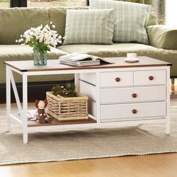 Products Coffee Table with 4 Storage Drawers,Farmhouse Coffee Table for Living Room,Center Table with Open Storage Compartment White 43.3"