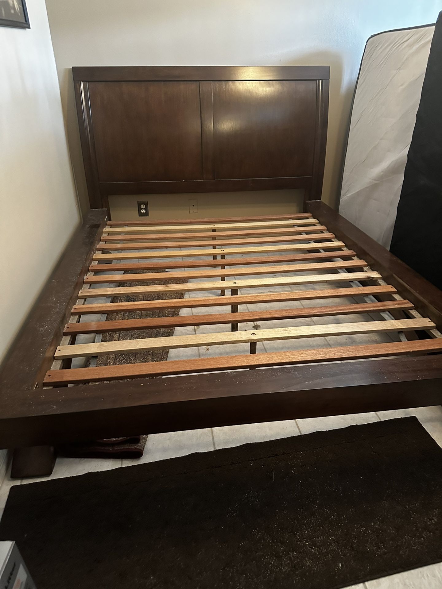 Queen Platform Sleigh Bed Walnut Finish Wood