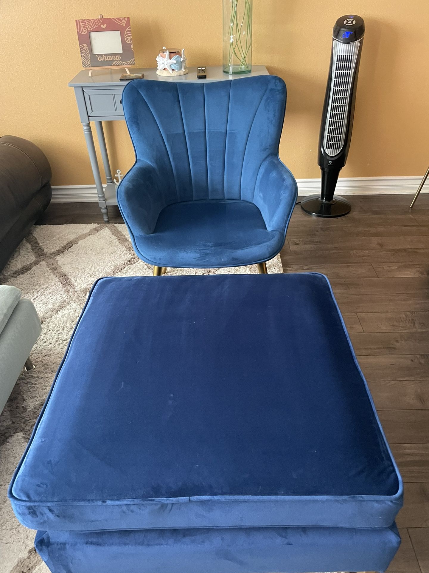 Blue Velvet Chair And Ottoman