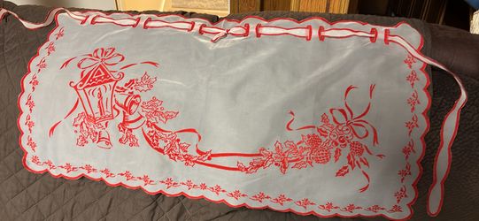 Vintage half apron Christmas Holidays  sheer fabric with red flocking design  36” 