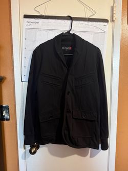 Guess, Men's Black Layered Sweater Jacket, With A Built-in Grey Button-front vest attached, Size Medium, Used Good Condition