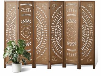6 Panel Room Divider Wood Carved Room Divider Folding Privacy Screen with Double Hinges, Free Assembled Portable Partition Screen Divider for Room Sep