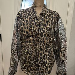 Leopard Print Denim Jacket w/ Silver Sequin Sleeves & Distressed Details