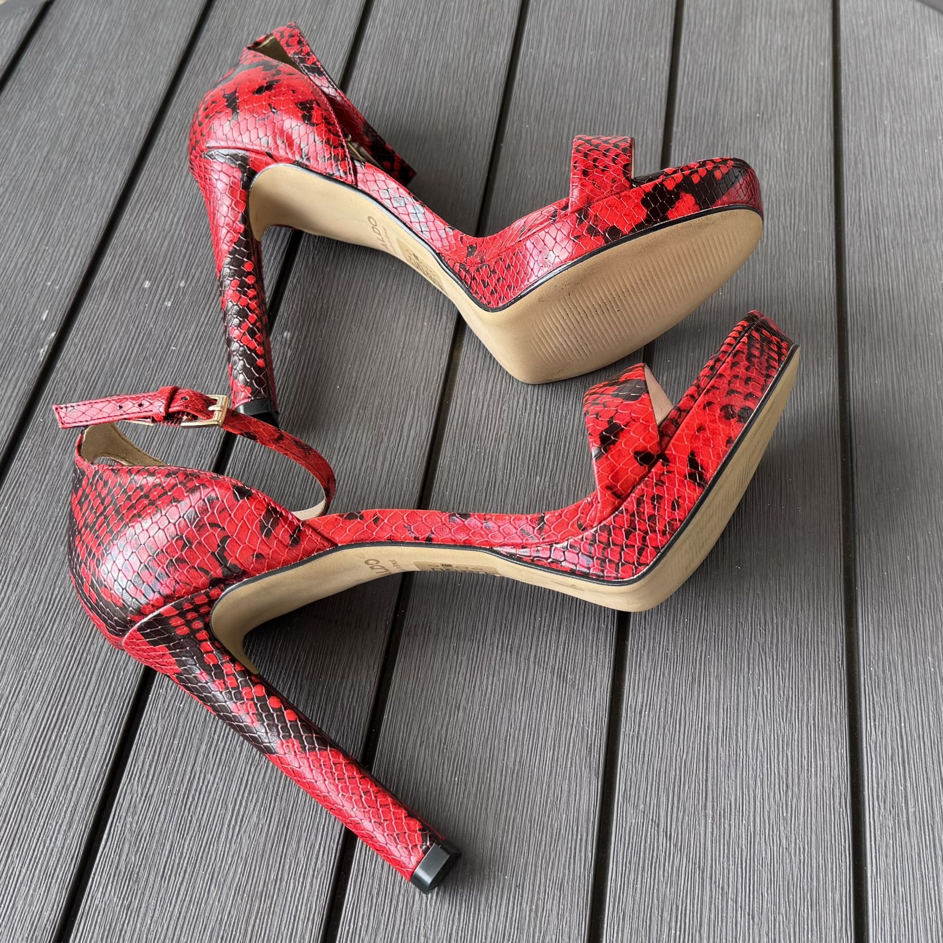 Aldo Red and Black Snakeskin Leather Heel Sandals Size