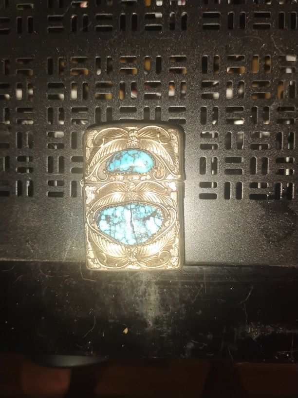 Navajo 14k Gold And  Sterling Silver . 925 And Turquoise Encrusted Lighter