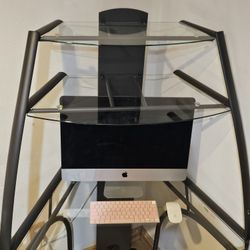 Cirner Computer Writing Desk Table Tempered Glass Top Home Office Book Shelves Display Storage 