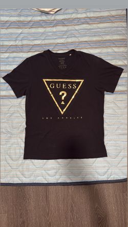 Guess Metallic Gold Triangle Logo V-Neck Shirt Size M