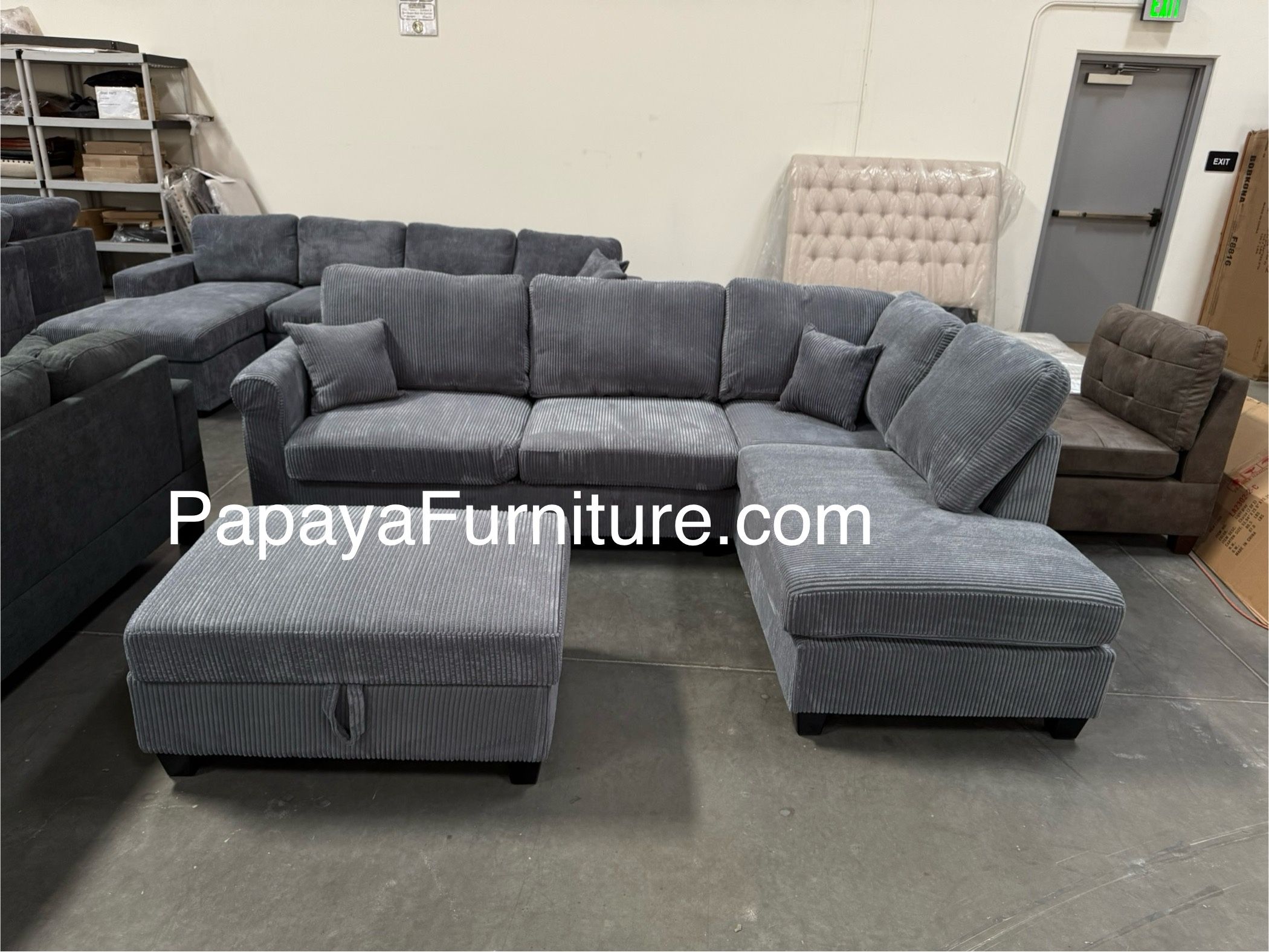 New! 106” Plush Sectional Sofa With USB Ports, Cordoroy Couch, Grey Sofa, Grey Sectional, Grey Couch, Light Grey Sofa Couch And Storage Ottoman, Couch
