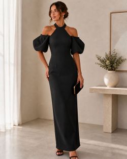 M Elegant Black Halter Dress with Puff Sleeves