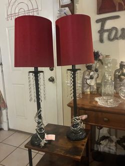 Pair of Red Shade Crystal Drop Table Lamps