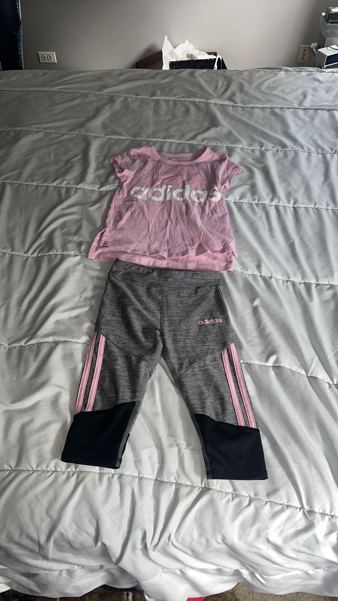 Pink Adidas shirt & Cropped Leggings Sz 5. Light stains on short & 1 on pants see pics. Shirt has minor piling 