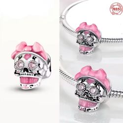 Pink Bow & Crystal Girl Skull European Charm 4 Snake Chain Bracelets .925 Silver