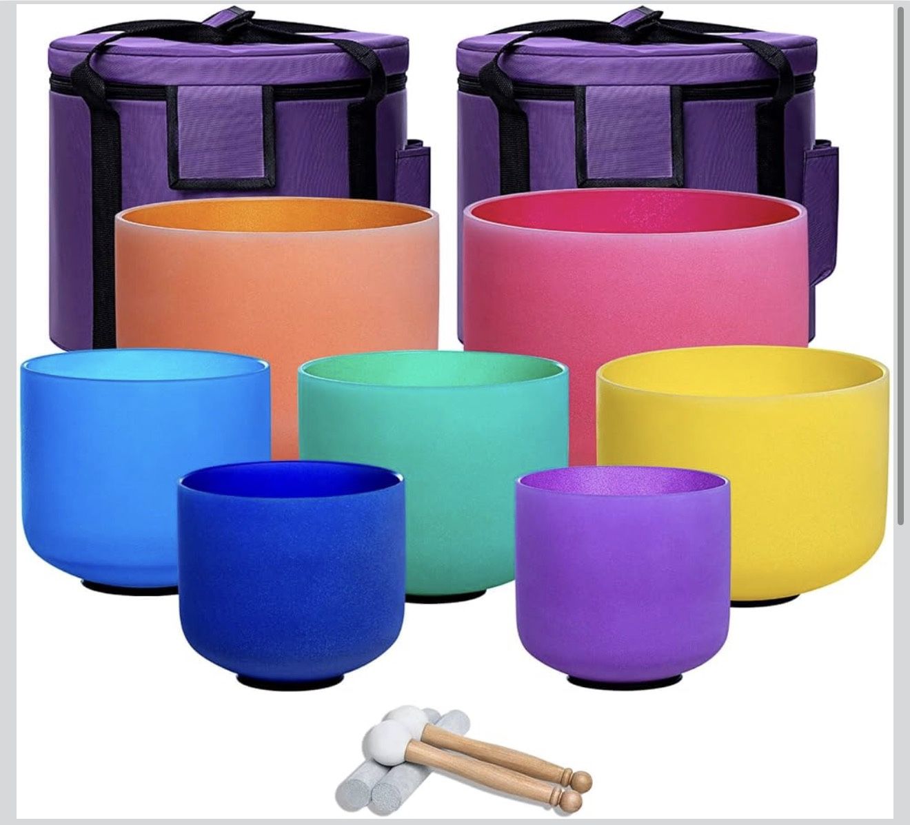 432hz Crystal Singing Bowl Healing 6-12inch Set of 7 Colored for Meditation Yoga Heart Chakra Singing Bowls Heavy Duty Carrying Case Rubber Mallet Sue
