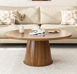 31.5”Fluted Walnut Round Coffee Table, Mid Century Modern Small Coffee Table, Farmhouse Wooden Circle Center Table, Brown