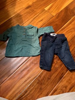 Baby boy teal long sleeve shirt with denim jeans outfit. Old navy brand. Size 0/3 months