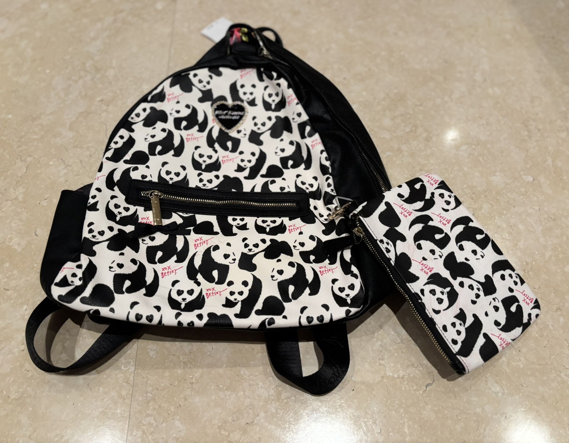 BNWT Betsy Johnson Black white Panda Backpack & Pouch