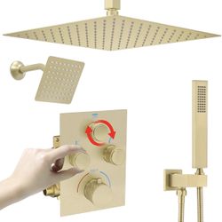 Dual Shower Heads Shower System with 16" Ceiling Mounted Rain Shower Head & 6" Wall Mounted Head Full Body Shower System 3 Way Thermostatic Shower Val