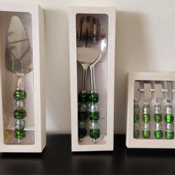 Pottery Barn Green and Silver Serving Utensils