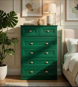Green Dresser for Bedroom, Tall Dresser with Deep Drawers & Metal Knobs, Modern Wooden Chest.