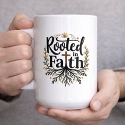 Brand New "Deeply Rooted Faith" Premium Ceramic Christian Mug (15 oz, White)