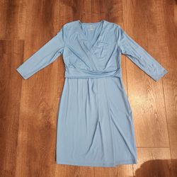 Talbots light blue faux-wrap dress, surplice V-neckline, 3/4 sleeves, overlapping waistband panel, size MP, great condition