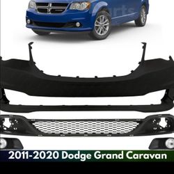 Front Bumper Cover Paintable & Fog Light Pair For 2011-2020 Dodge Grand Caravan