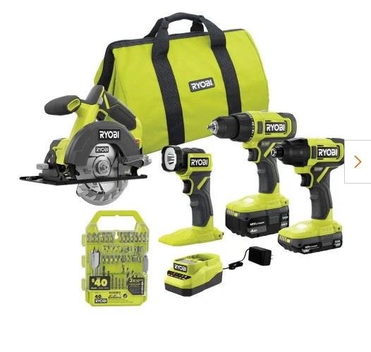 Ryobi One+ Tool kit - drill, drill bits, saw, impact driver, batteries, bag.