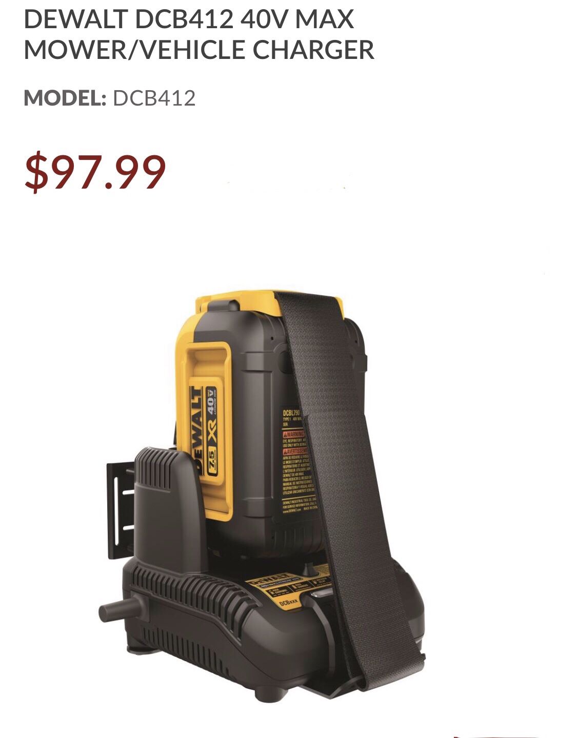 DeWalt DCB412 40v Max Mower Vehicle Lithium Ion Charger New for